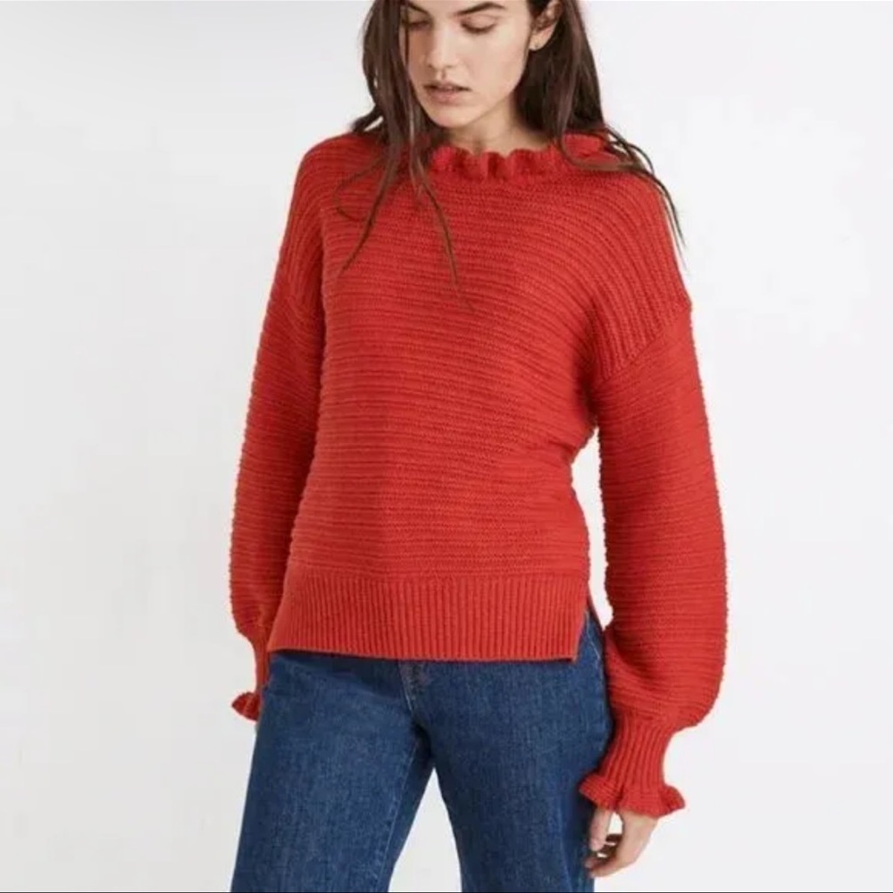 Madewell Red Ruffle Neck Ribbed Merino Wool Pullover Sweater Size Medium